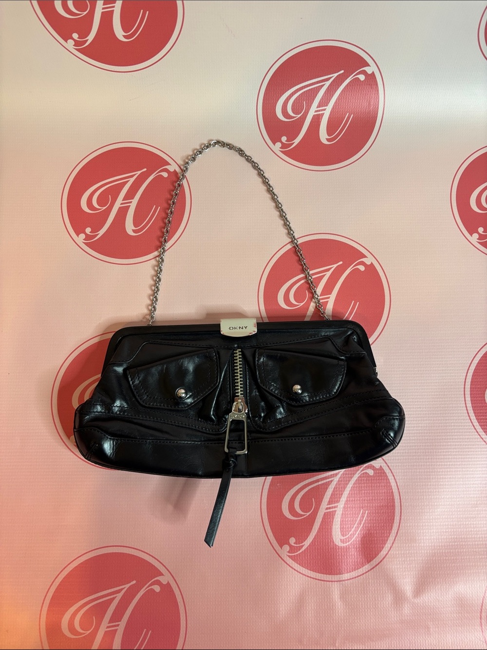 DKNY Black Leather Clutch with Chain Strap